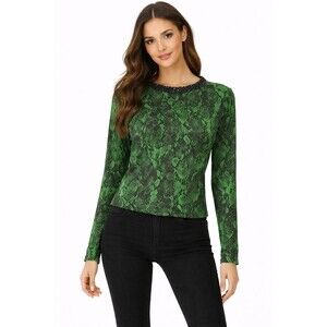 INC Women’s Snakeskin Print Sweater Top Green Black Beaded Neckline Size Large